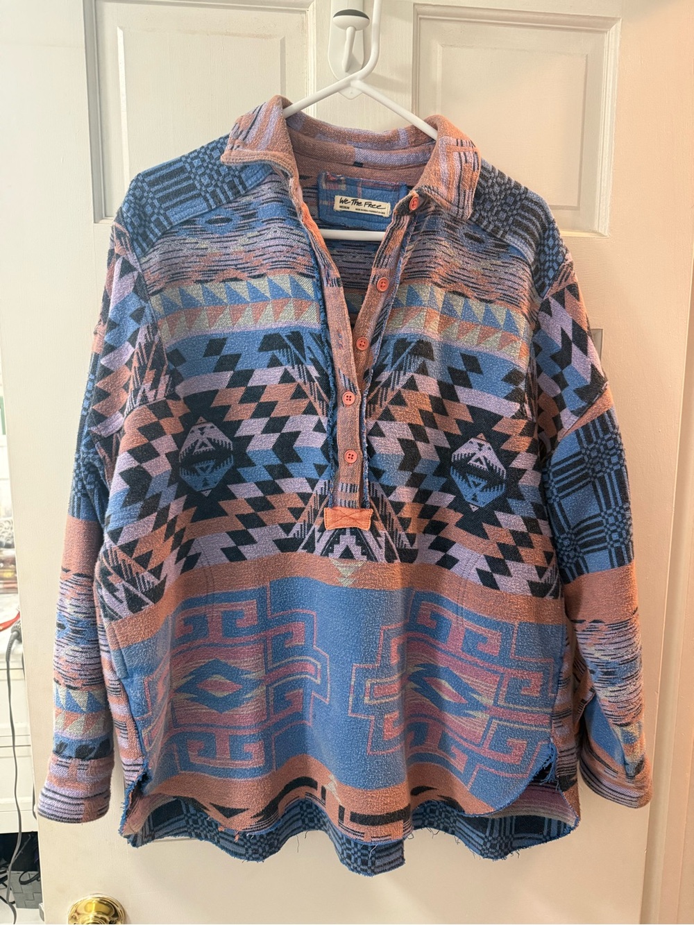 Free People Arizona Sky Knit Button-Up Pullover in Dusty Blue & Mauve - Picture 2 of 5